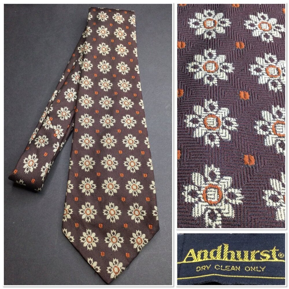 Vintage Andhurst Floral Patterned Brown Tie 100% Polyester Made in USA